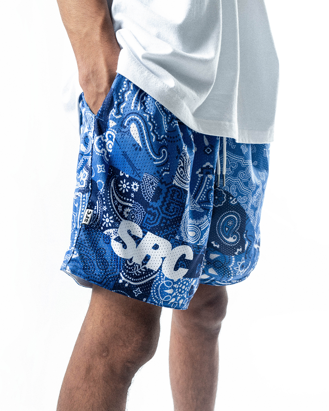 Royal Blue Paisley Patches Mesh Shorts