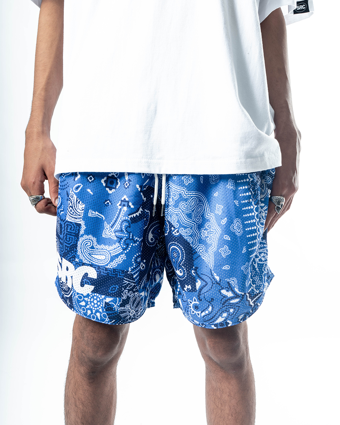 Royal Blue Paisley Patches Mesh Shorts